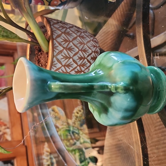 Vintage 1964 Hand Painted Ceramic Teal Blue and Green Bud Vase - Picture 4 of 6